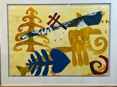 Heart Message, by Melanie Yazzie, work on paper, framed, yellow, abstract, blue