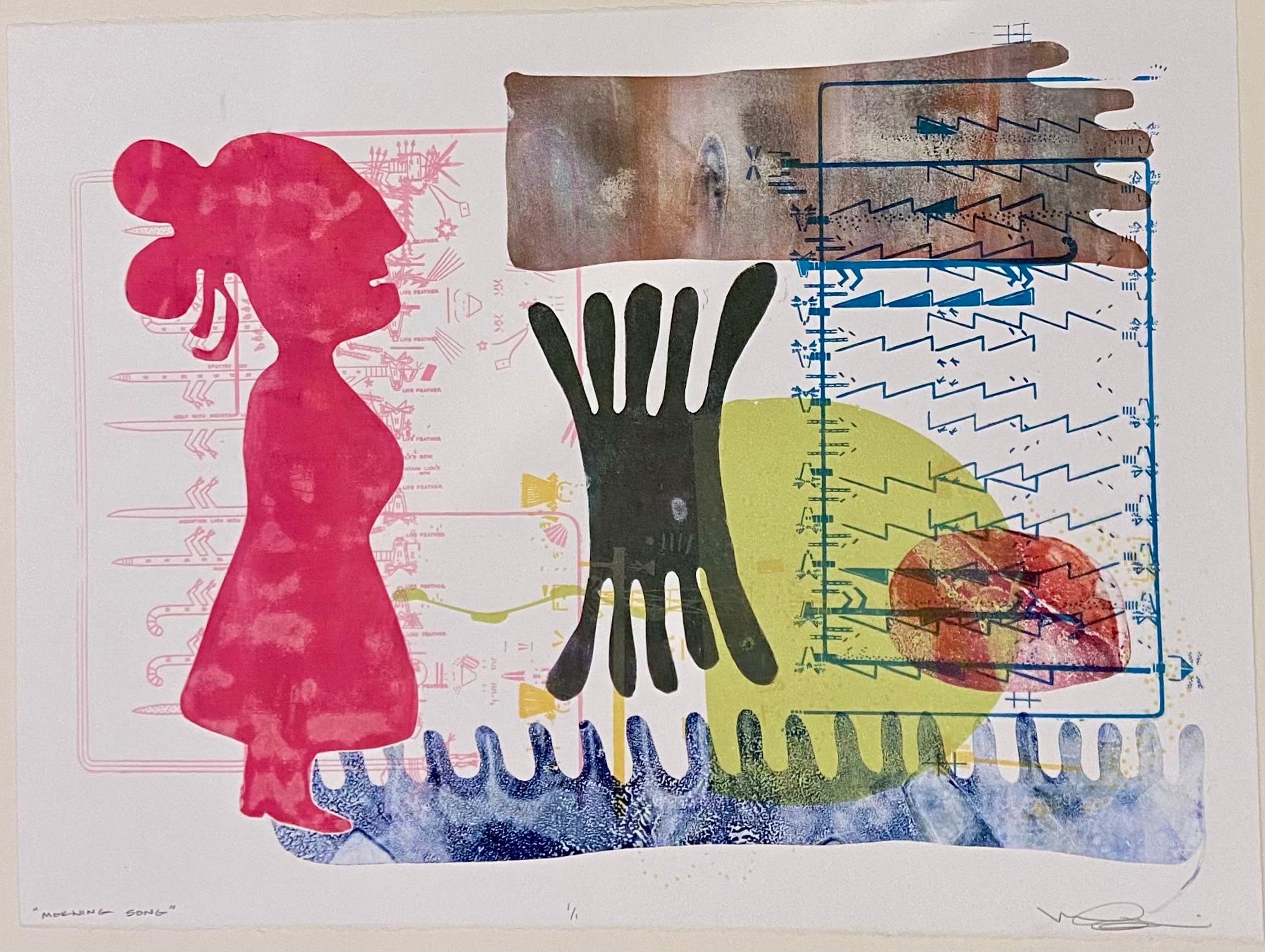 Le chant du matin, par Melanie Yazzie, œuvre sur papier, monotype, femme, rouge, bleu