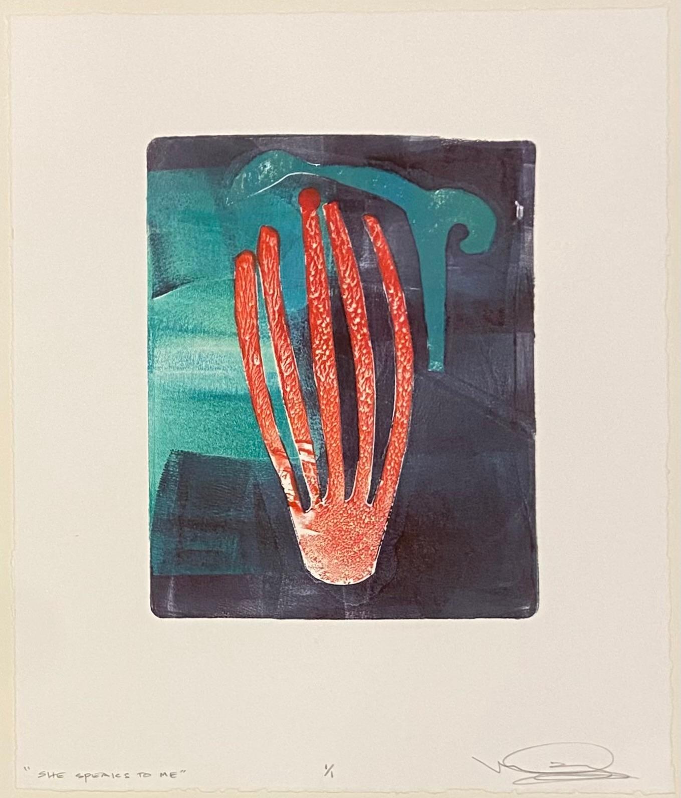She Speaks To Me, di Melanie Yazzie, monotipo, astratto, rosso, blu, incorniciato in vendita 1