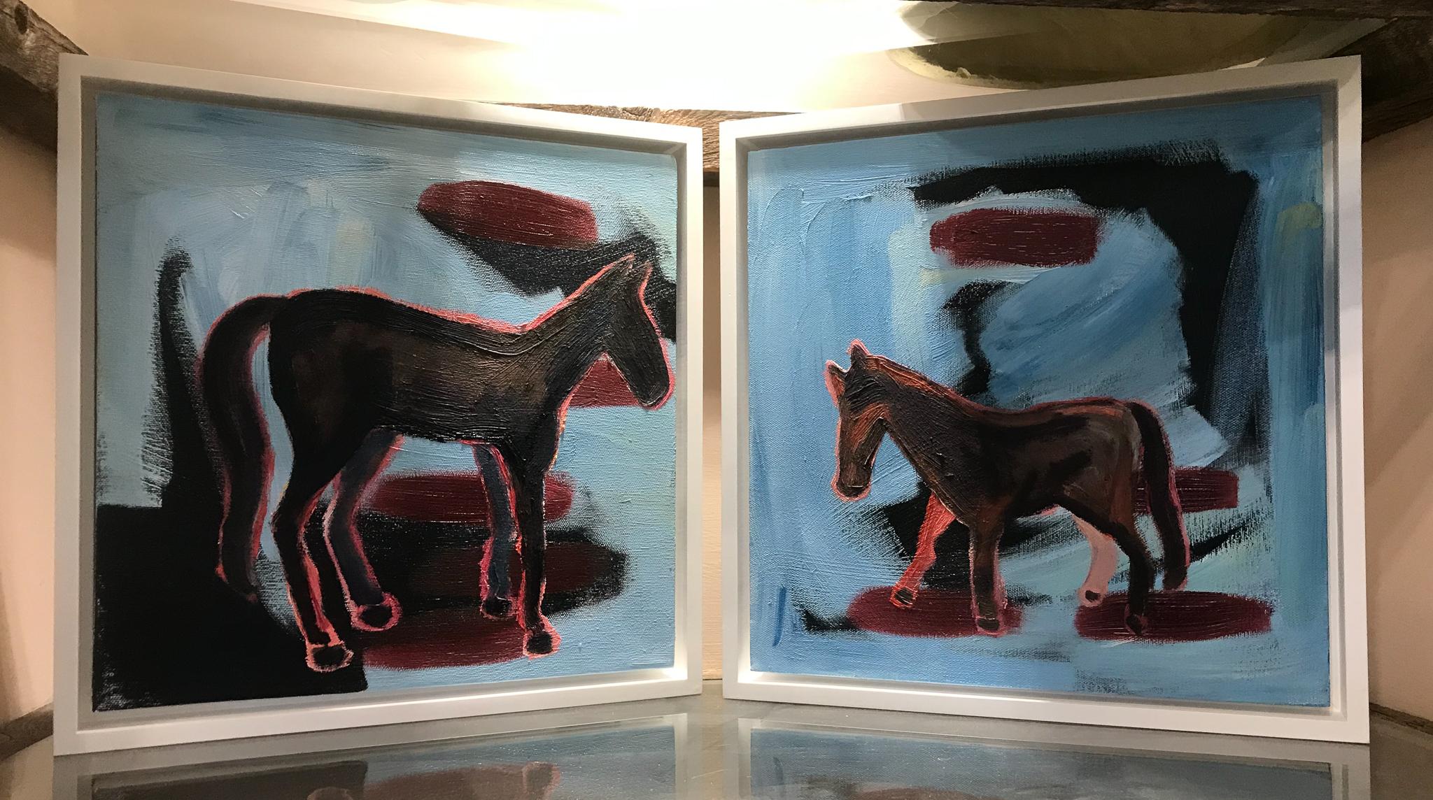 Around Five, horse painting by Melanie Yazzie, blue, red, black, abstract, white For Sale 1