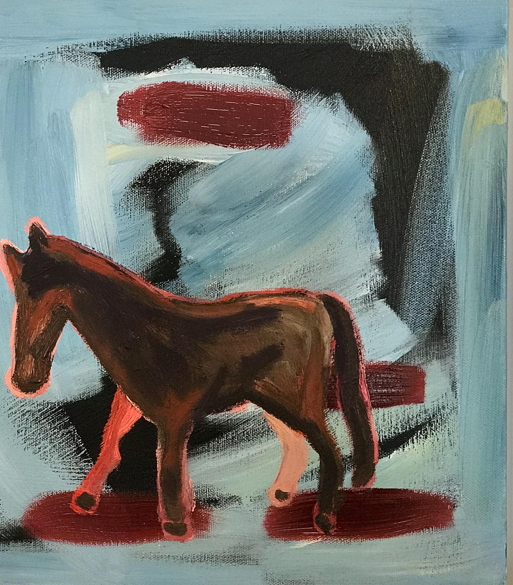 Around Five, horse painting by Melanie Yazzie, blue, red, black, abstract, white For Sale 2