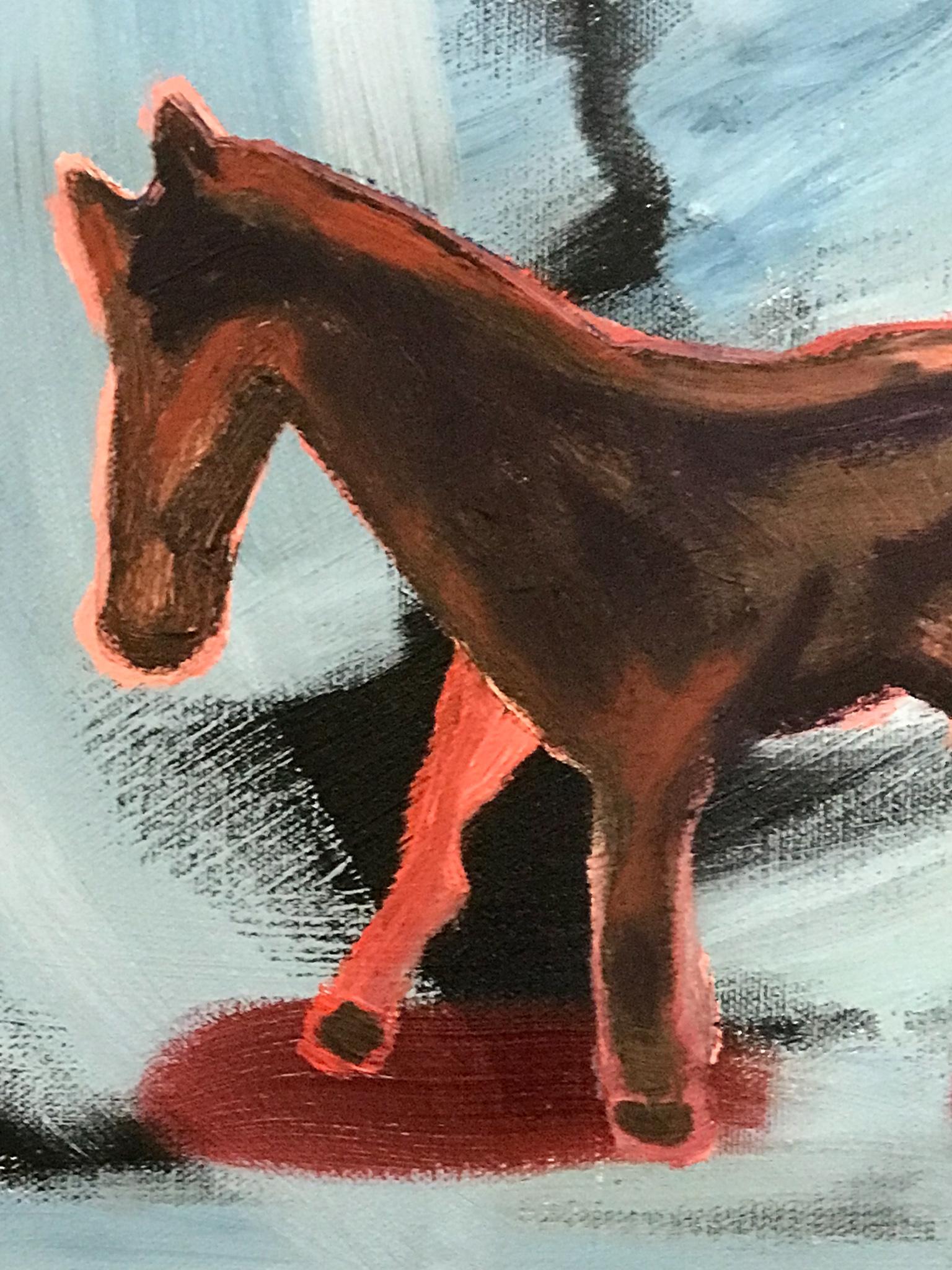 Around Five, horse painting by Melanie Yazzie, blue, red, black, abstract, white For Sale 3