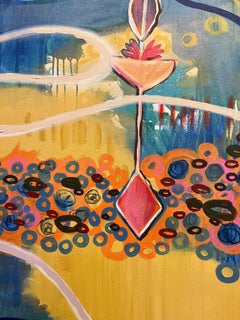 Chaco Visit, by Melanie Yazzie, Mixed Media, Painting, Yellow, Blue, Black, Pink