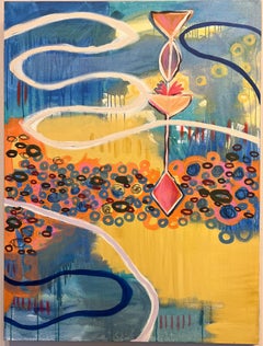 Chaco Visit, by Melanie Yazzie, Mixed Media, Painting, Yellow, Blue, Black, Pink