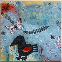 He Comes in Spring, painting by Melanie Yazzie, Navajo, bird, red, blue, yellow