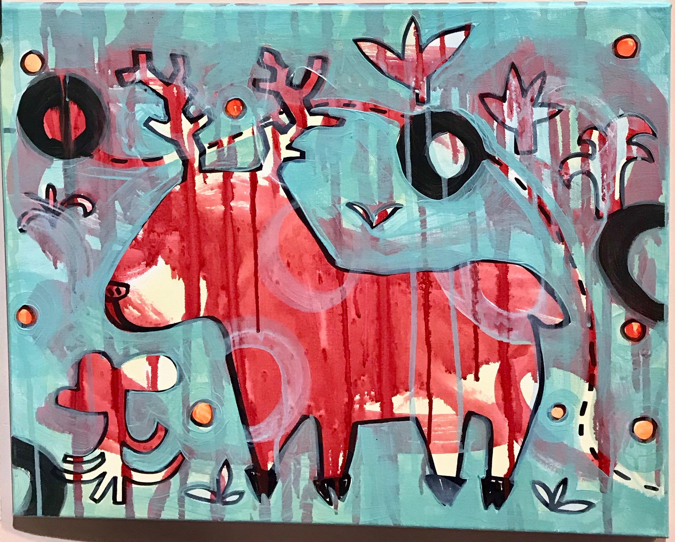 He Comes to the Gallery, painting by Melanie Yazzie, deer, pink, animal, blue