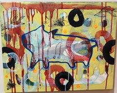 Il m'a sauvé, peinture de Melanie Yazzie, Navajo, jaune, rouge, noir, toile, chien
