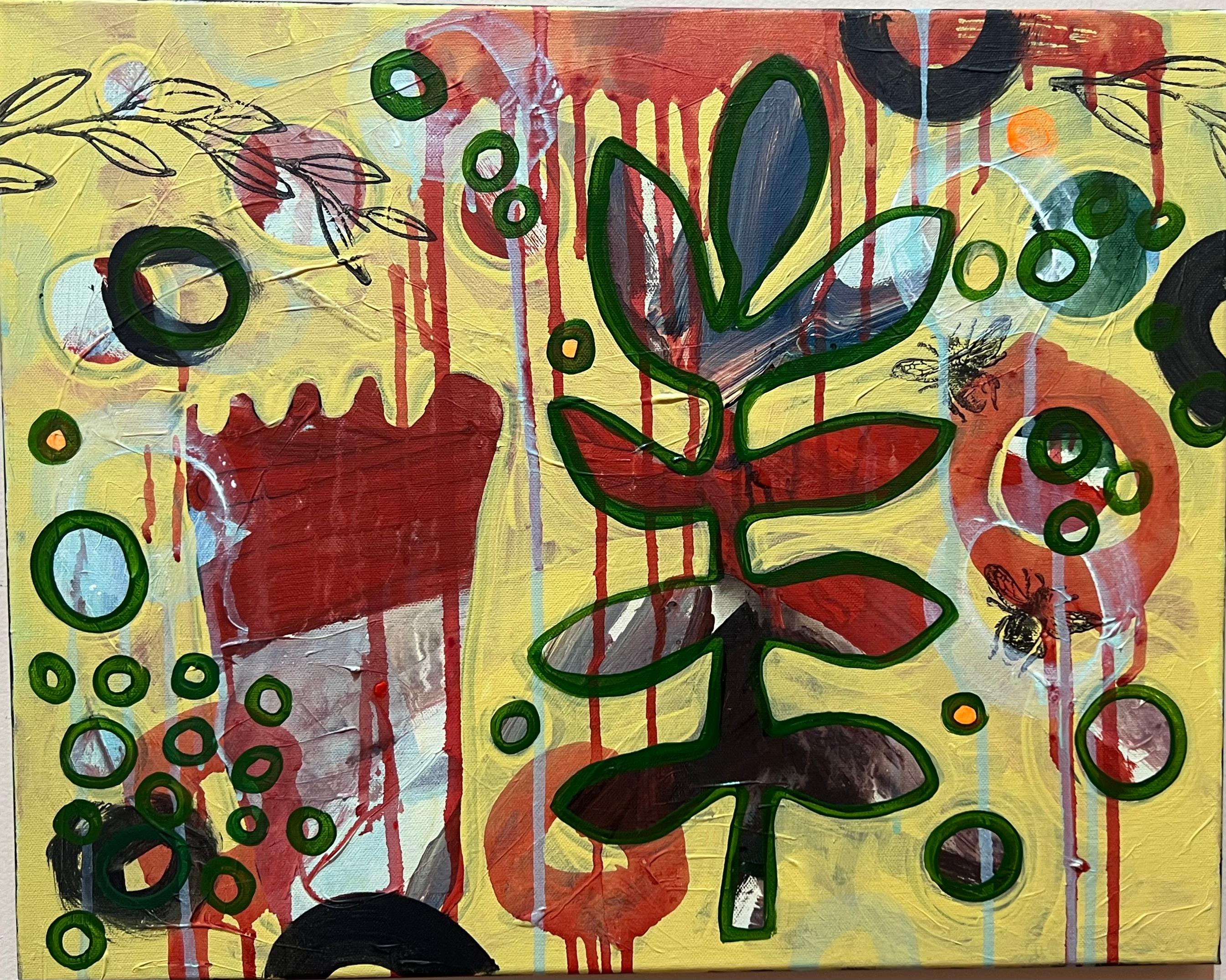 « In My Garden », peinture de Melanie Yazzie, Navajo, plantes, jaune, rouge, fleurs