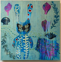 In the Garden, painting by Melanie Yazzie, Navajo, rabbit, green, blue, pink