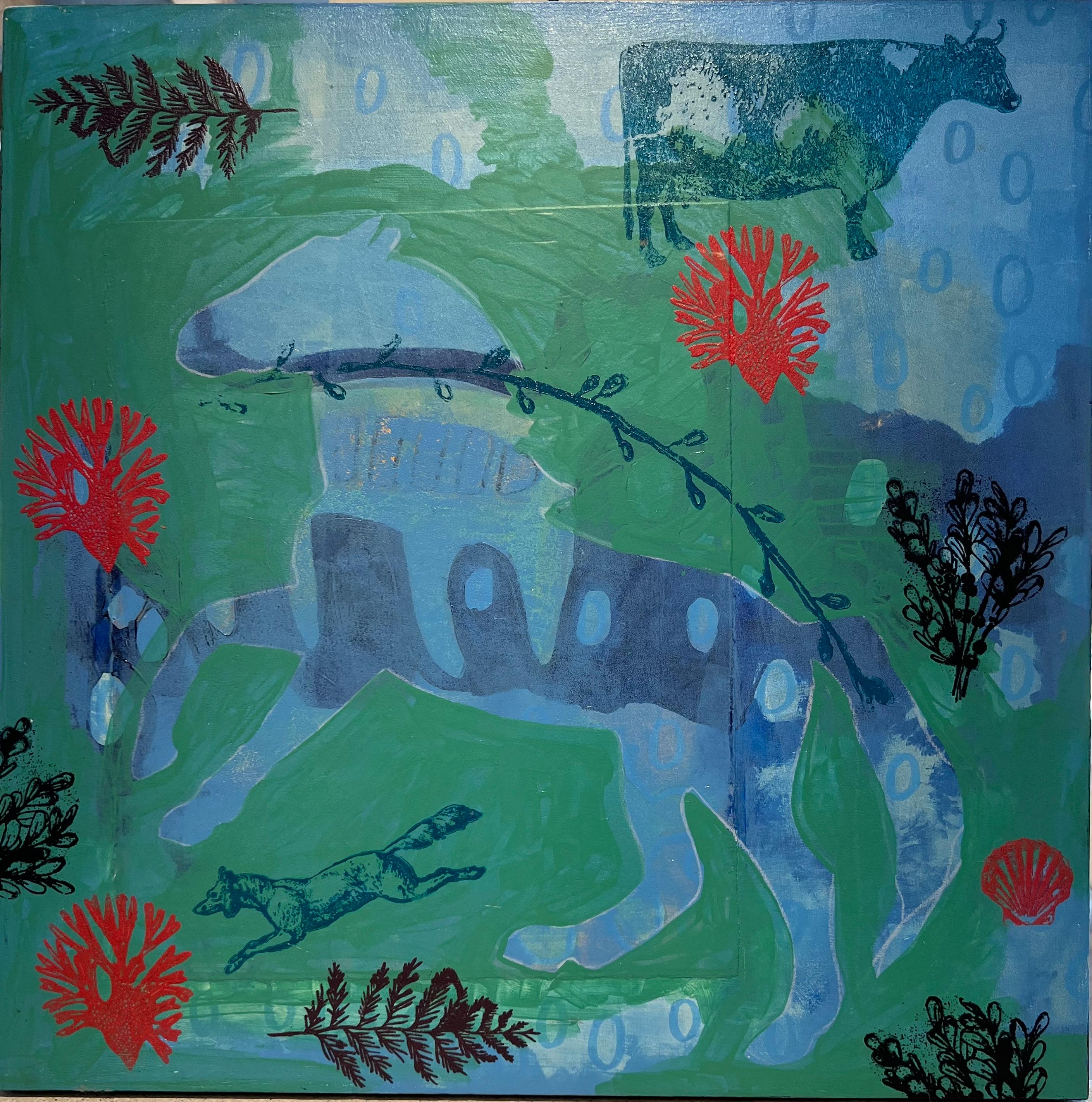 Just Starting Out, di Melanie Yazzie, Navajo, pittura, collage, cavallo, verde