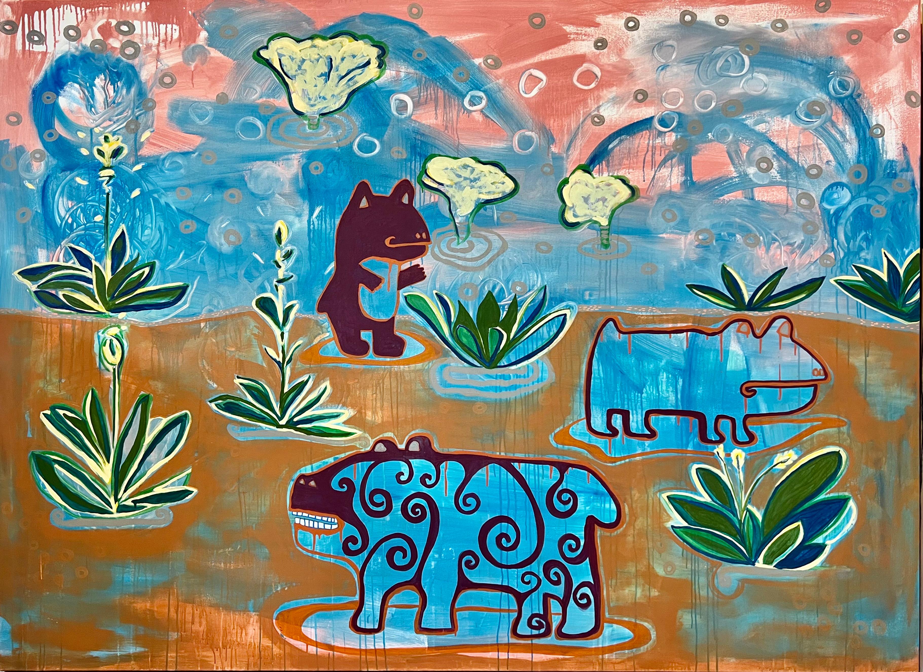 Monsoon in Tucson, painting, by Melanie Yazzie, large, landscape, blue, red

Melanie Yazzie works in a wide range of media that include printmaking, painting, sculpting, and ceramics, as well as installation art. Her art is accessible to the public
