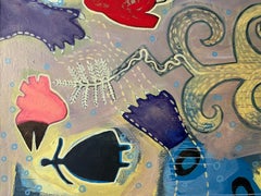 Planting Helpers, by Melanie Yazzie, painting, red, bird, yellow, purple, pink