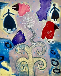 Planting Helpers, by Melanie Yazzie, painting, red, bird, yellow, purple, pink