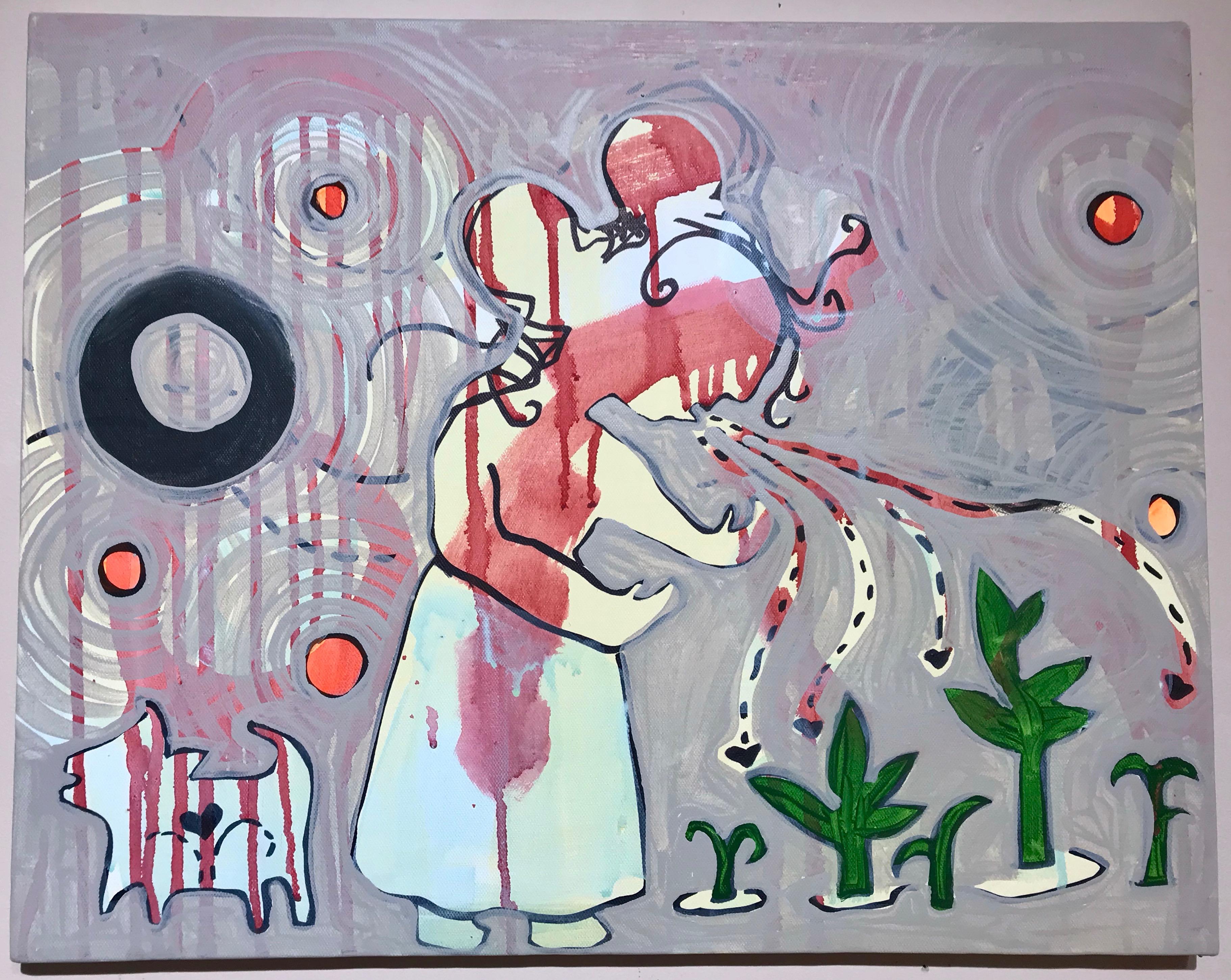 Pray, Talk to Them painting by Melanie Yazzie, acrylic on canvas, woman with dog