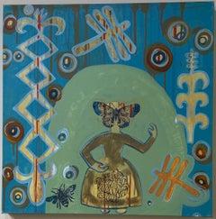 She is With Me, painting by Melanie Yazzie, dragonfly, blue, green, yellow