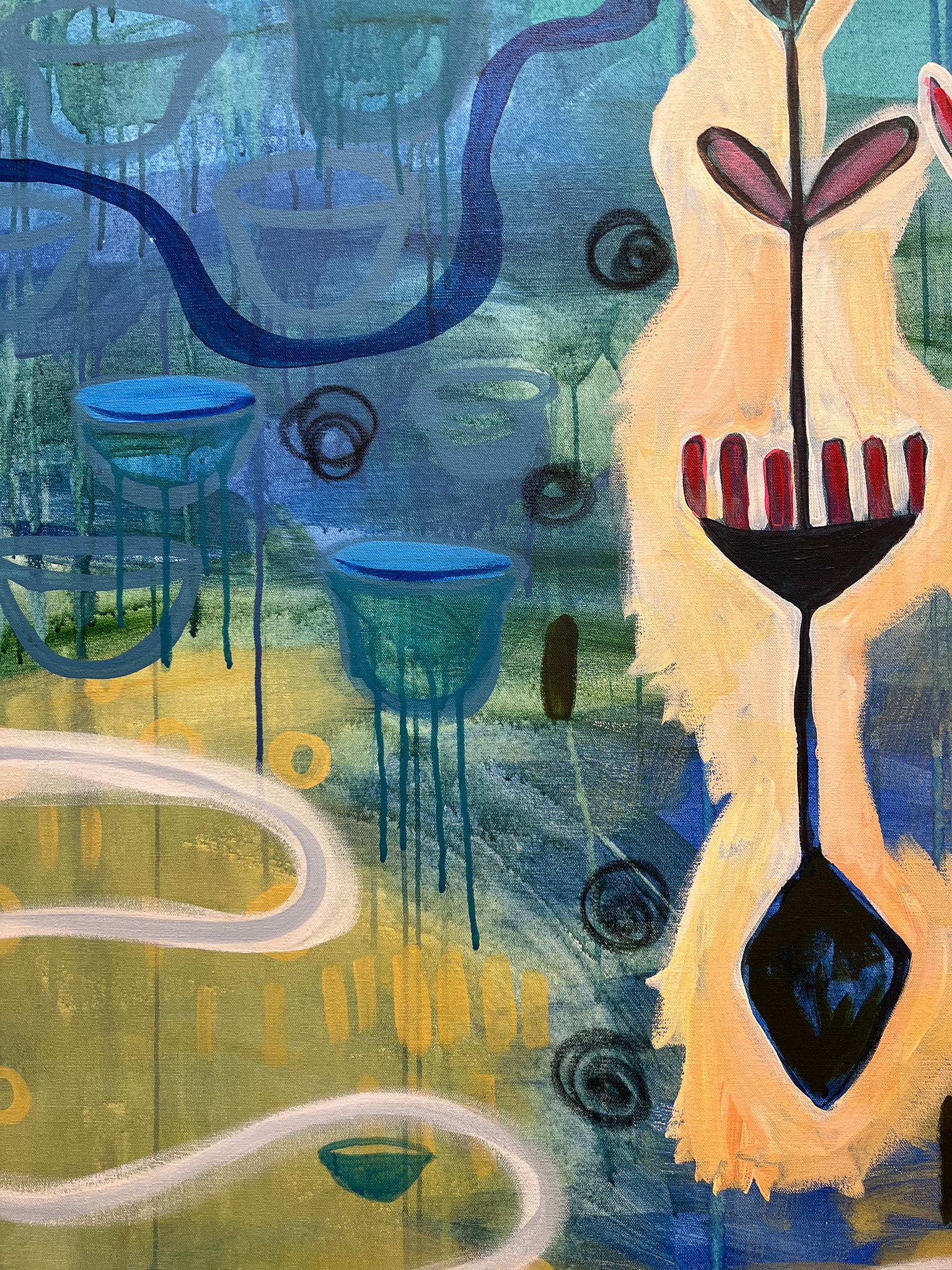 Storage & Saving, Gemälde, von Melanie Yazzie, abstrakt, Navajo, Blau, Gelb im Angebot 1