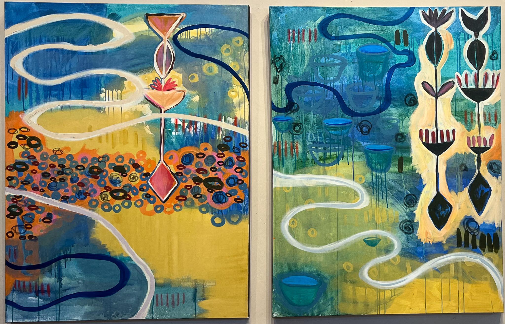 Storage & Saving, Gemälde, von Melanie Yazzie, abstrakt, Navajo, Blau, Gelb im Angebot 2