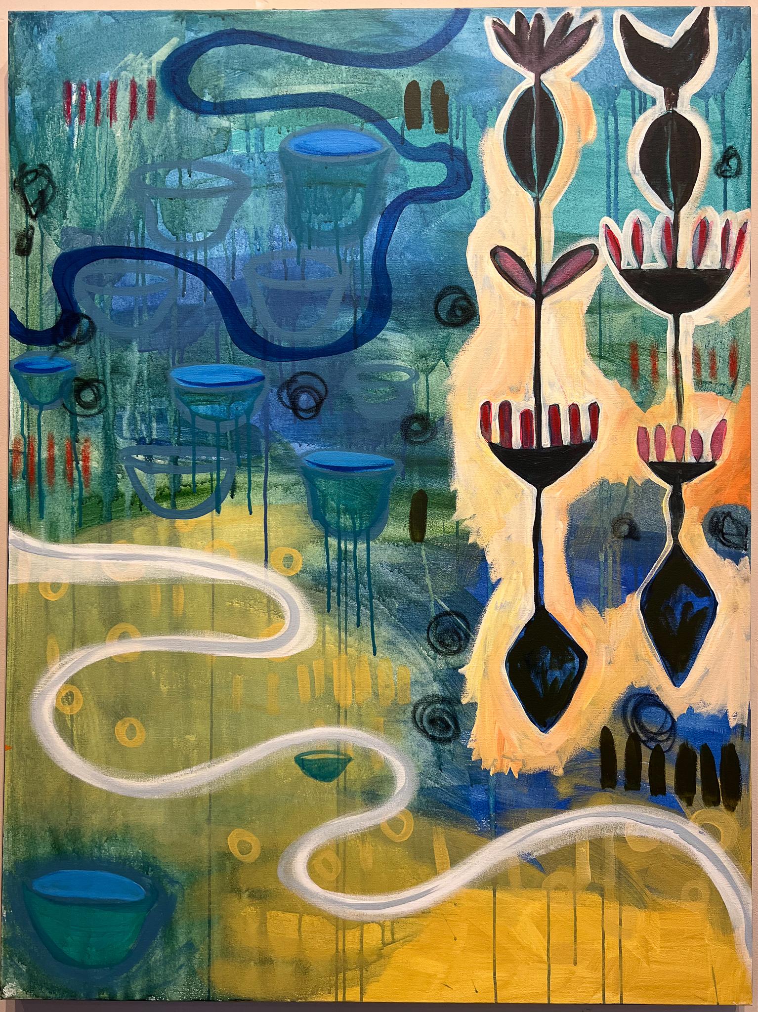 Aufbewahrung & Sparen, Gemälde, von Melanie Yazzie, abstrakt, Navajo, blau, gelb