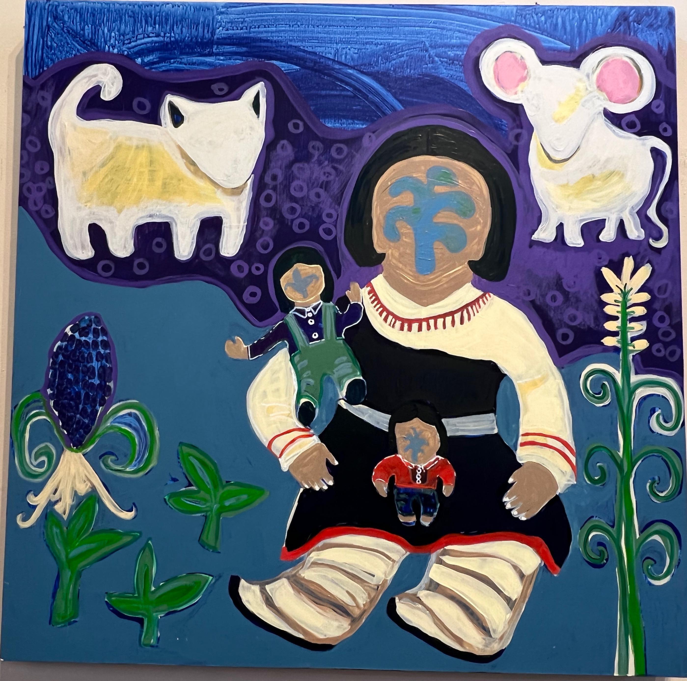 Geschichtenerzähler mit Katze und Maus, Gemälde von Melanie Yazzie, Navajo, Denver