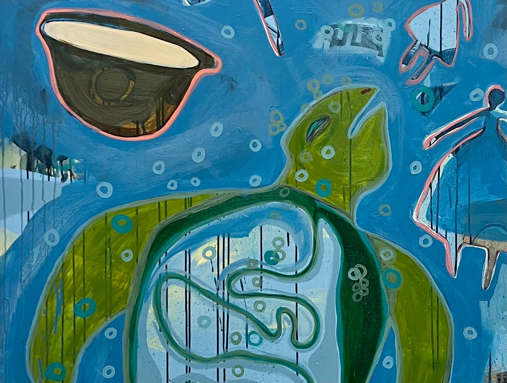 Le rêve, de Melanie Yazzie, Navajo, peinture, verticale, tortue, bleu, vert 1