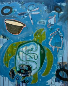 Le rêve, de Melanie Yazzie, Navajo, peinture, verticale, tortue, bleu, vert