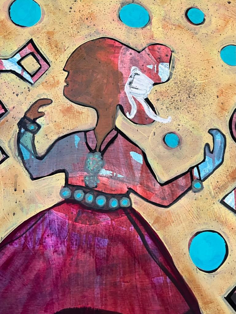 We Can Be Strong, di Melanie Yazzie, Navajo, donna, dipinto, marrone, rosso, blu in vendita 1