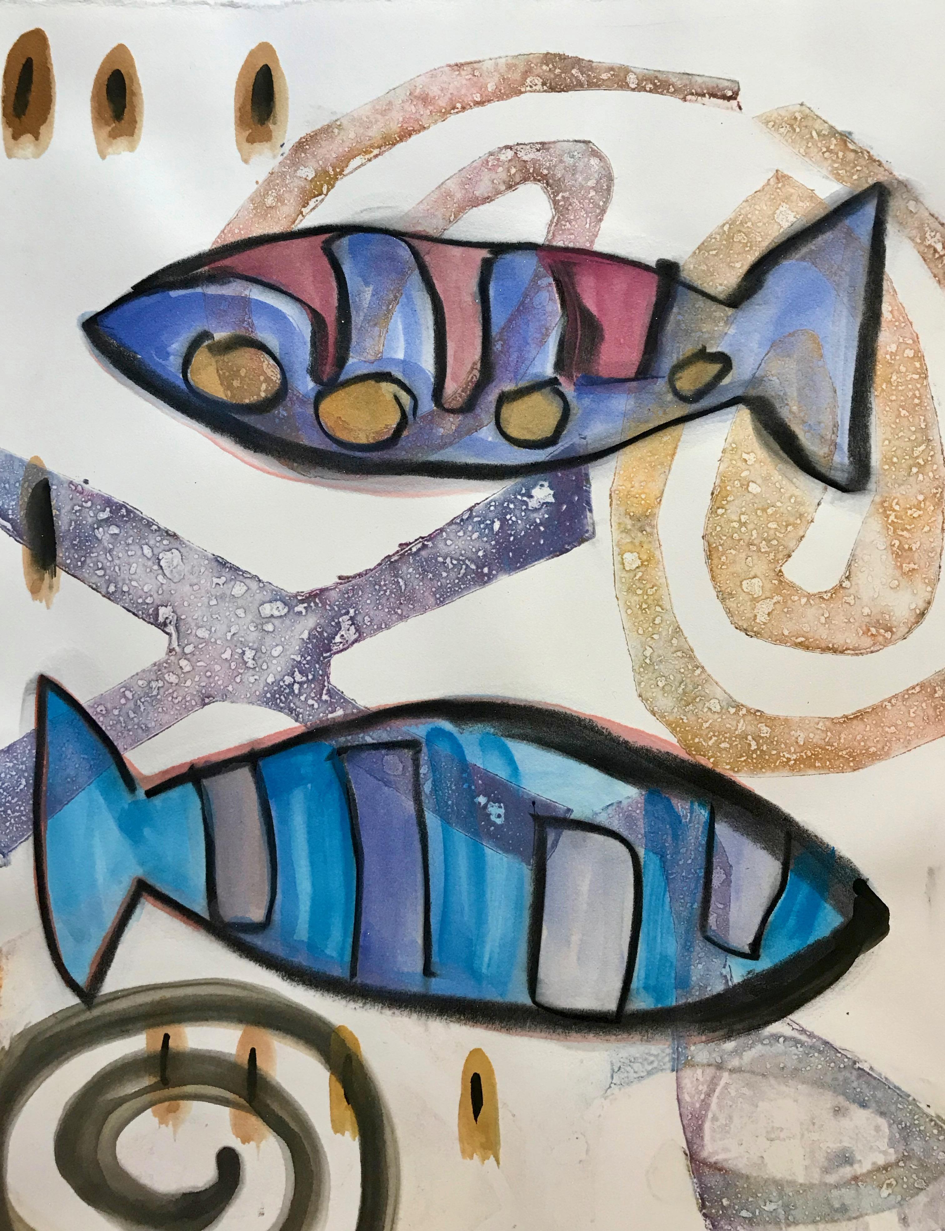 We Went Fishing, mixed media on paper, fish, blue, red, yellow, spirals - Painting by Melanie Yazzie