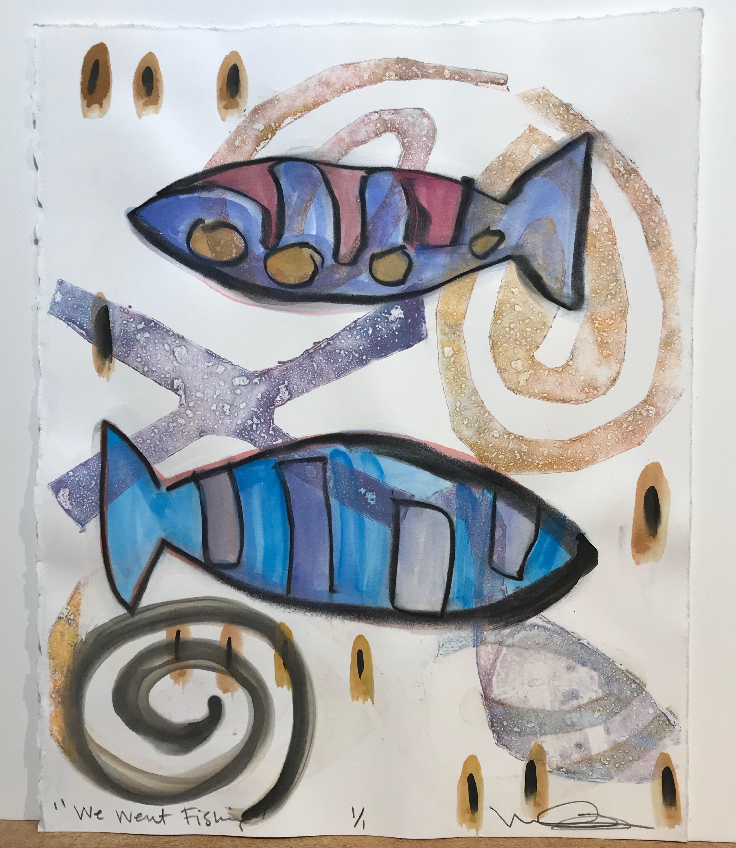 Melanie Yazzie Animal Painting - We Went Fishing, mixed media on paper, fish, blue, red, yellow, spirals