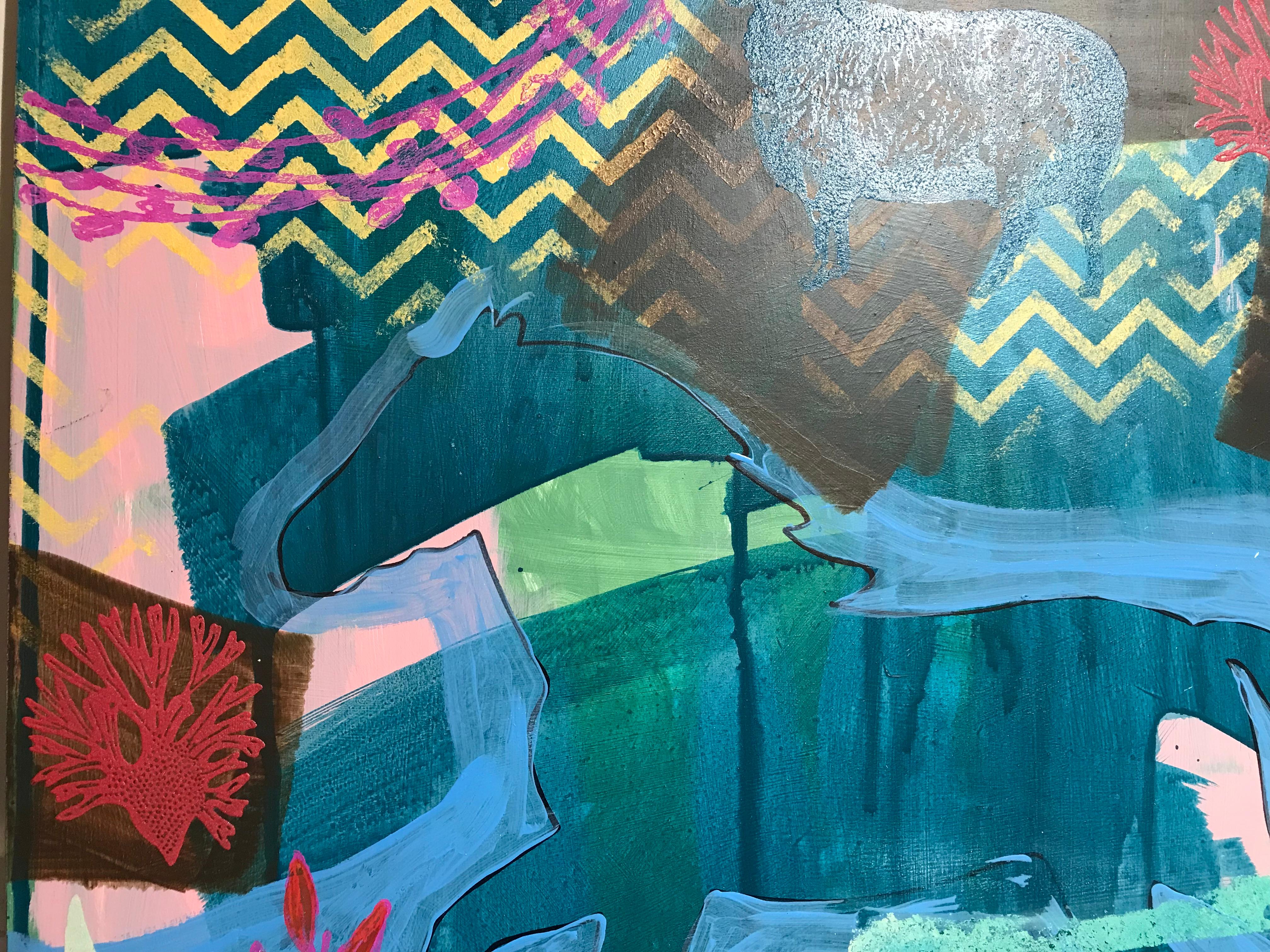 Wide Ruins Morning, Gemälde von Melanie Yazzie, blau, Pferd, Navajo, rot, grün im Angebot 3