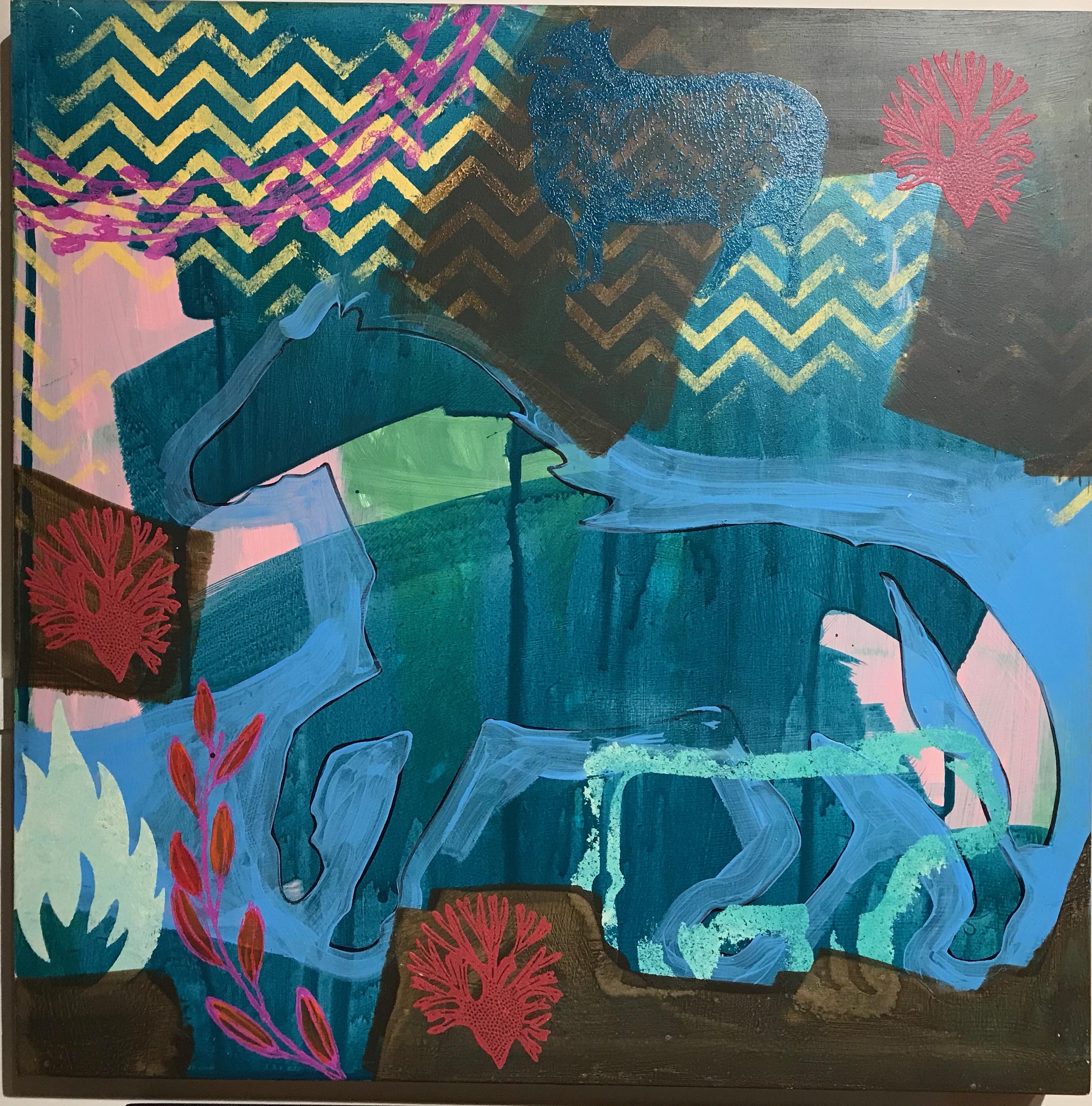 Wide Ruins Morning, painting by Melanie Yazzie, blue, horse, Navajo, red, green