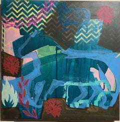 Wide Ruins Morning, painting by Melanie Yazzie, blue, horse, Navajo, red, green