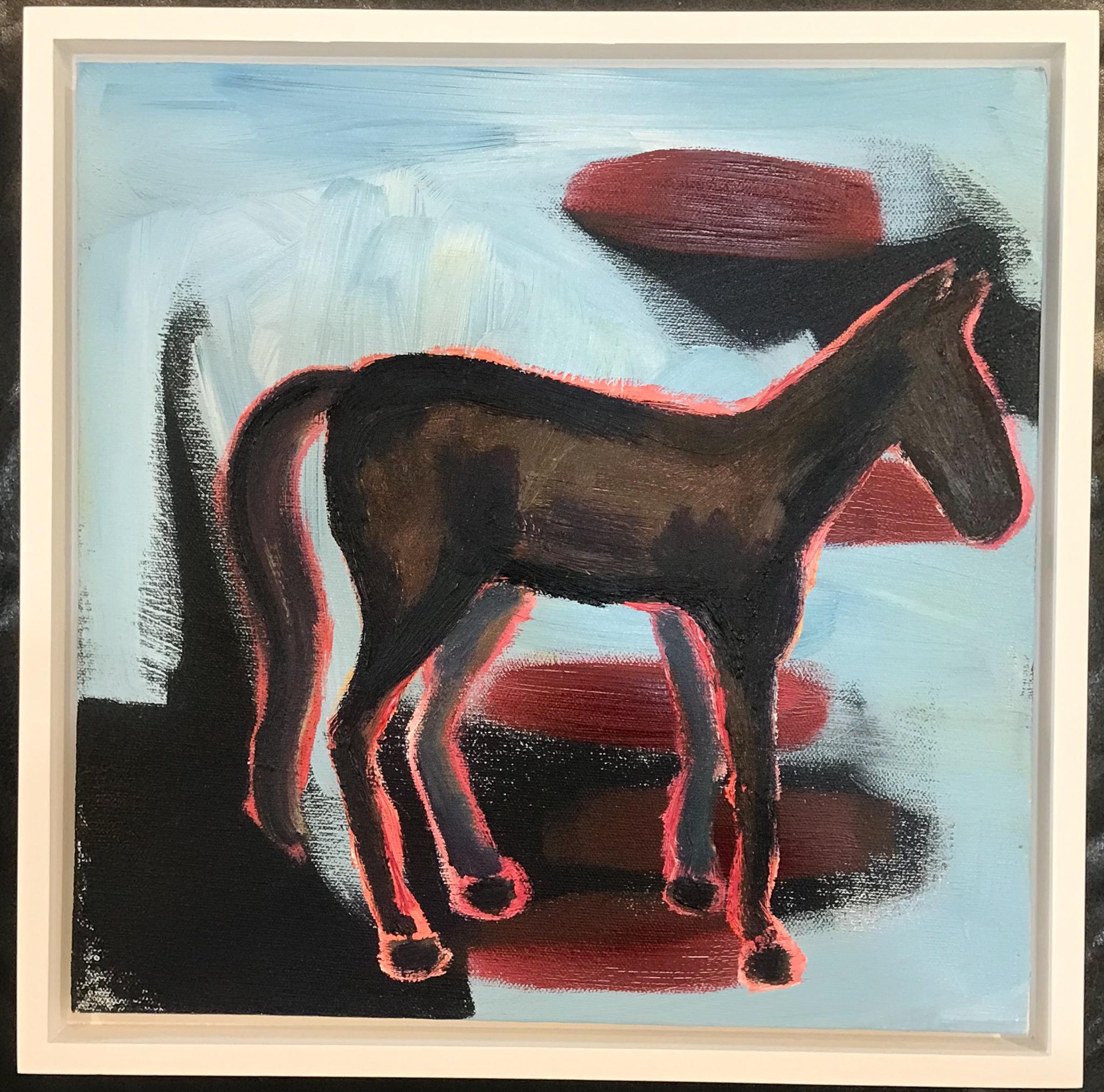 Winter, horse painting by Melanie Yazzie, blue, red, black, white frame, Navajo