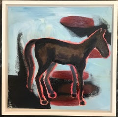 Peinture d'hiver, cheval par Melanie Yazzie, bleu, rouge, noir, cadre blanc, Navajo