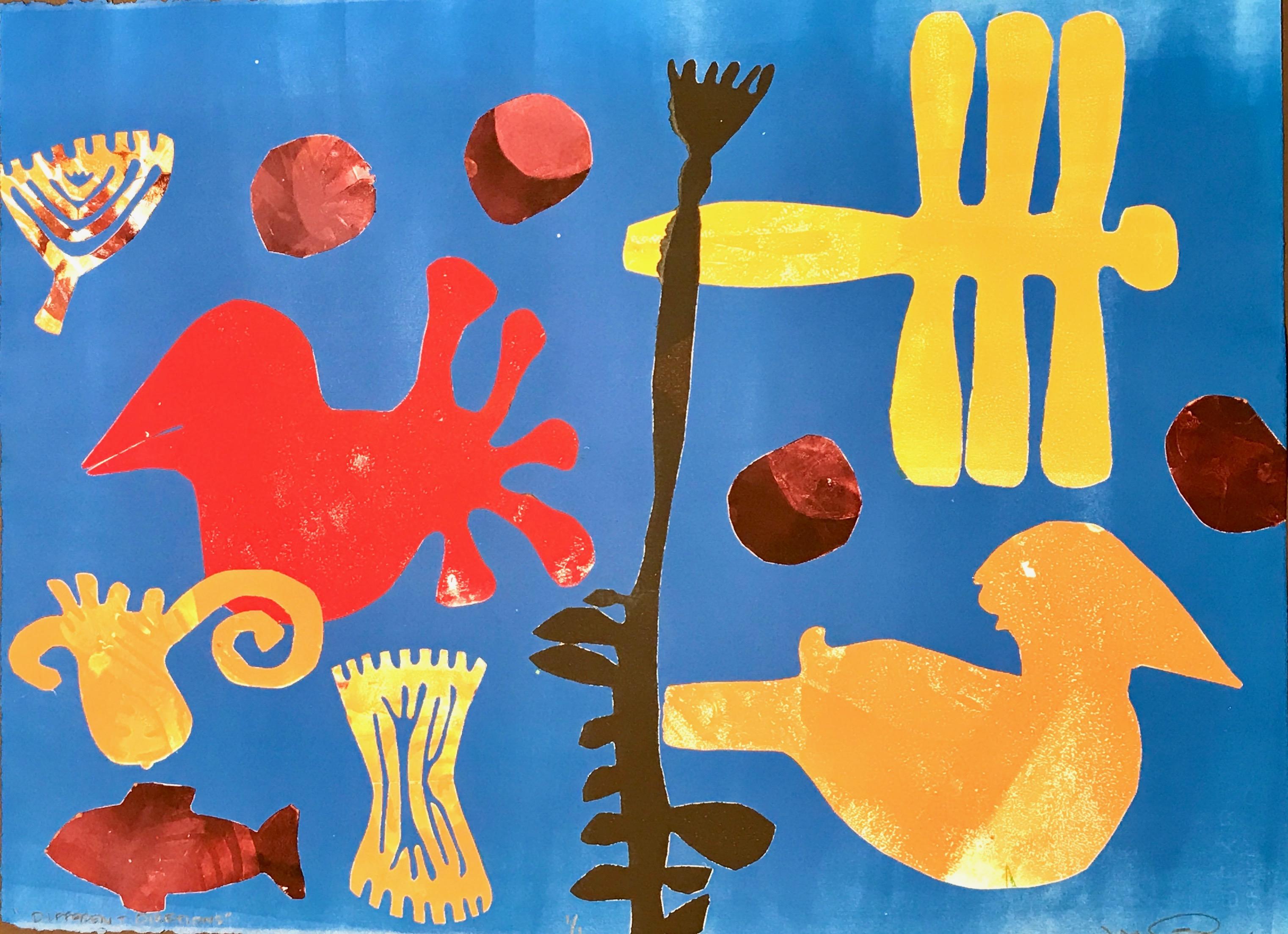Different Directions de Melanie Yazzie, monotipo, pez, pájaro, azul, rojo, dorado