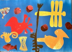 Different Directions by Melanie Yazzie, monotype, fish, bird, blue, red, gold