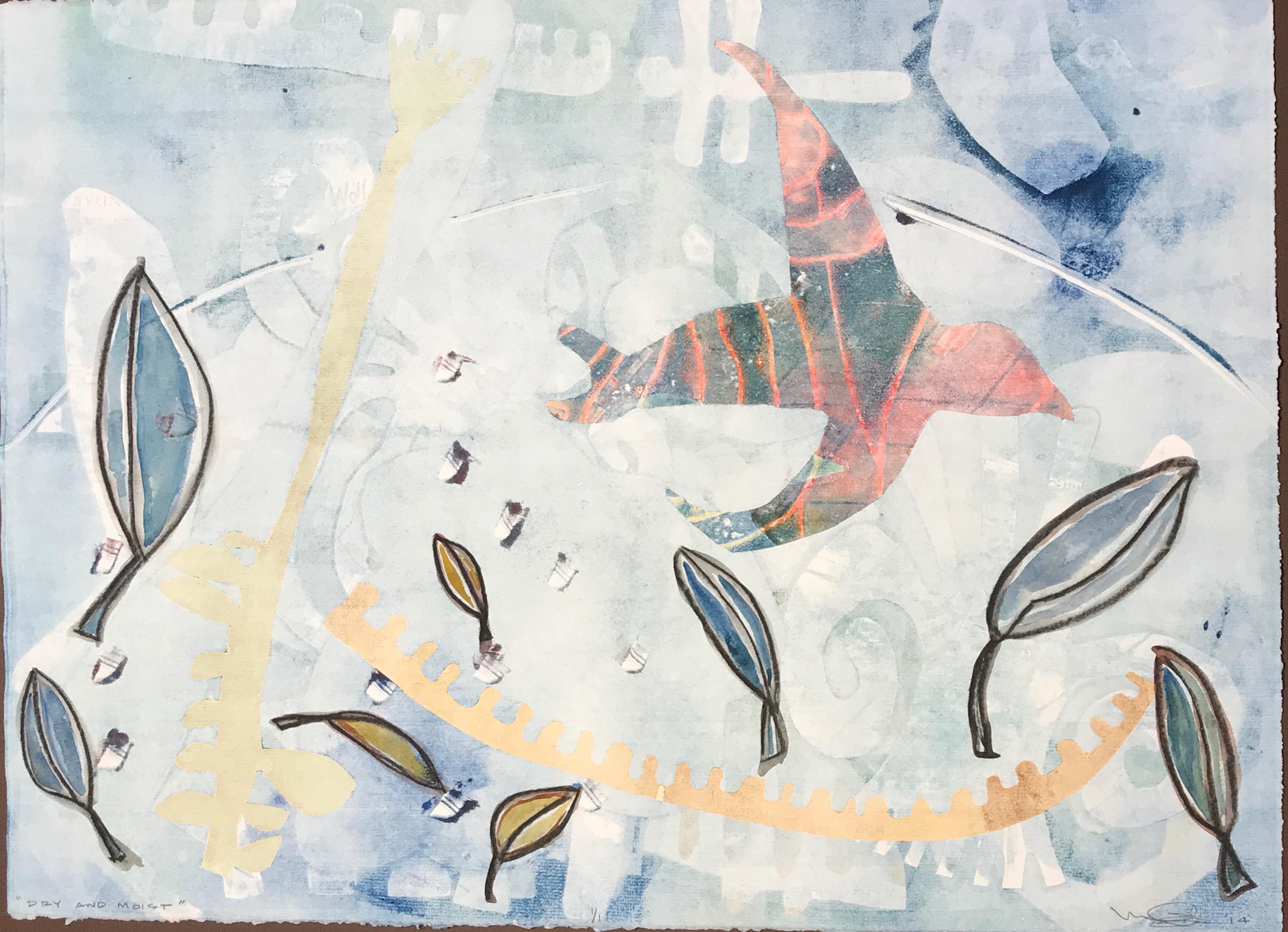 Dry and Moist de Melanie Yazzie, monotype, pastels, bleu, oiseau, rose, feuilles