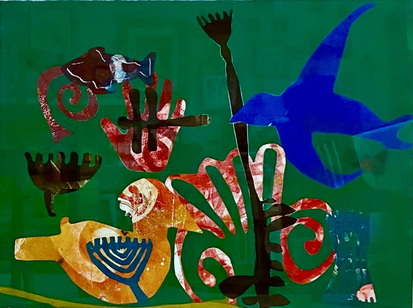 Growing Strong, by Melanie Yazzie, Native American, monotype, green, black, bird For Sale 3