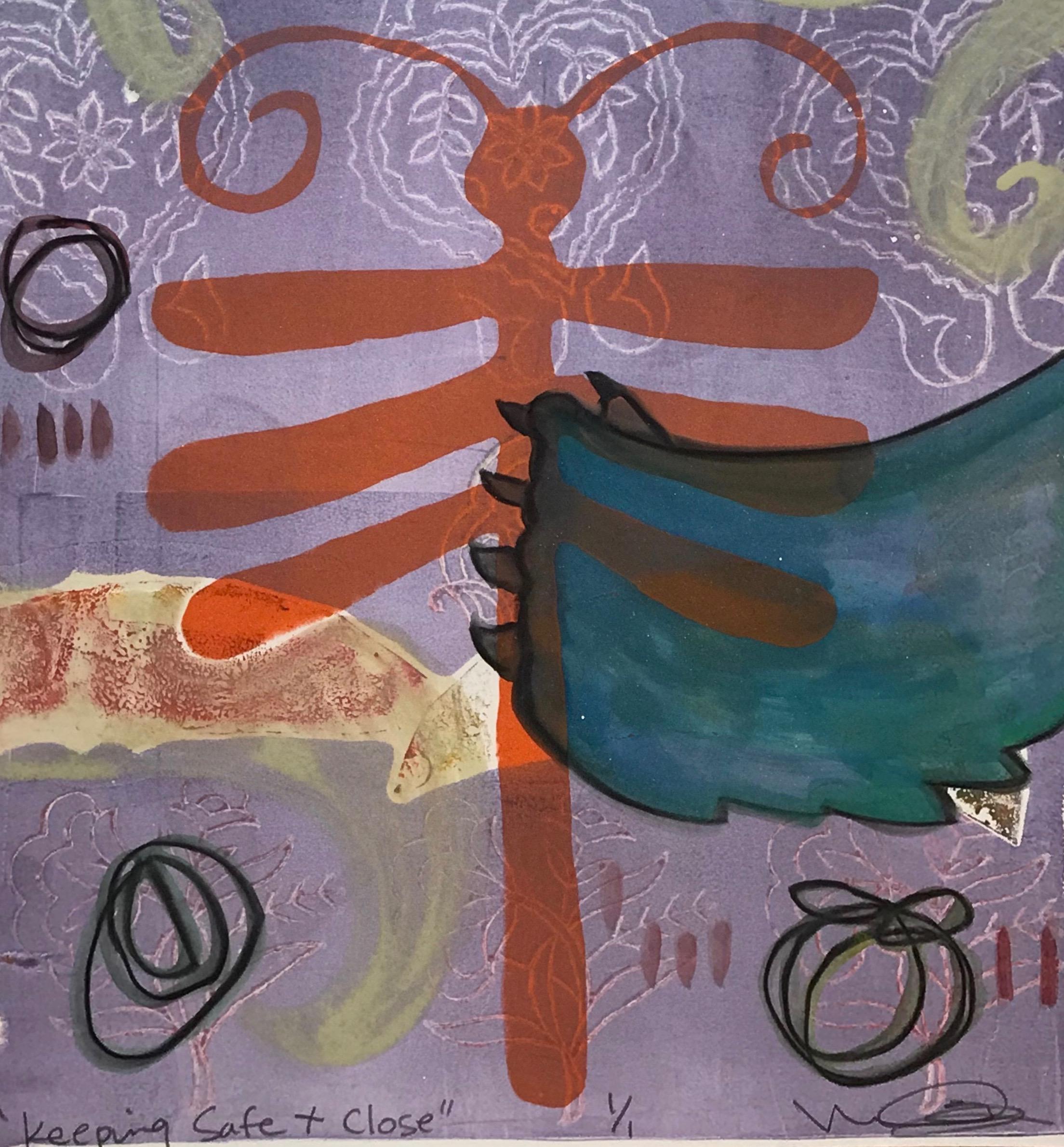 Keeping Safe + Close, mixed media monotype on paper. purple, orange, dragonfly - Print by Melanie Yazzie