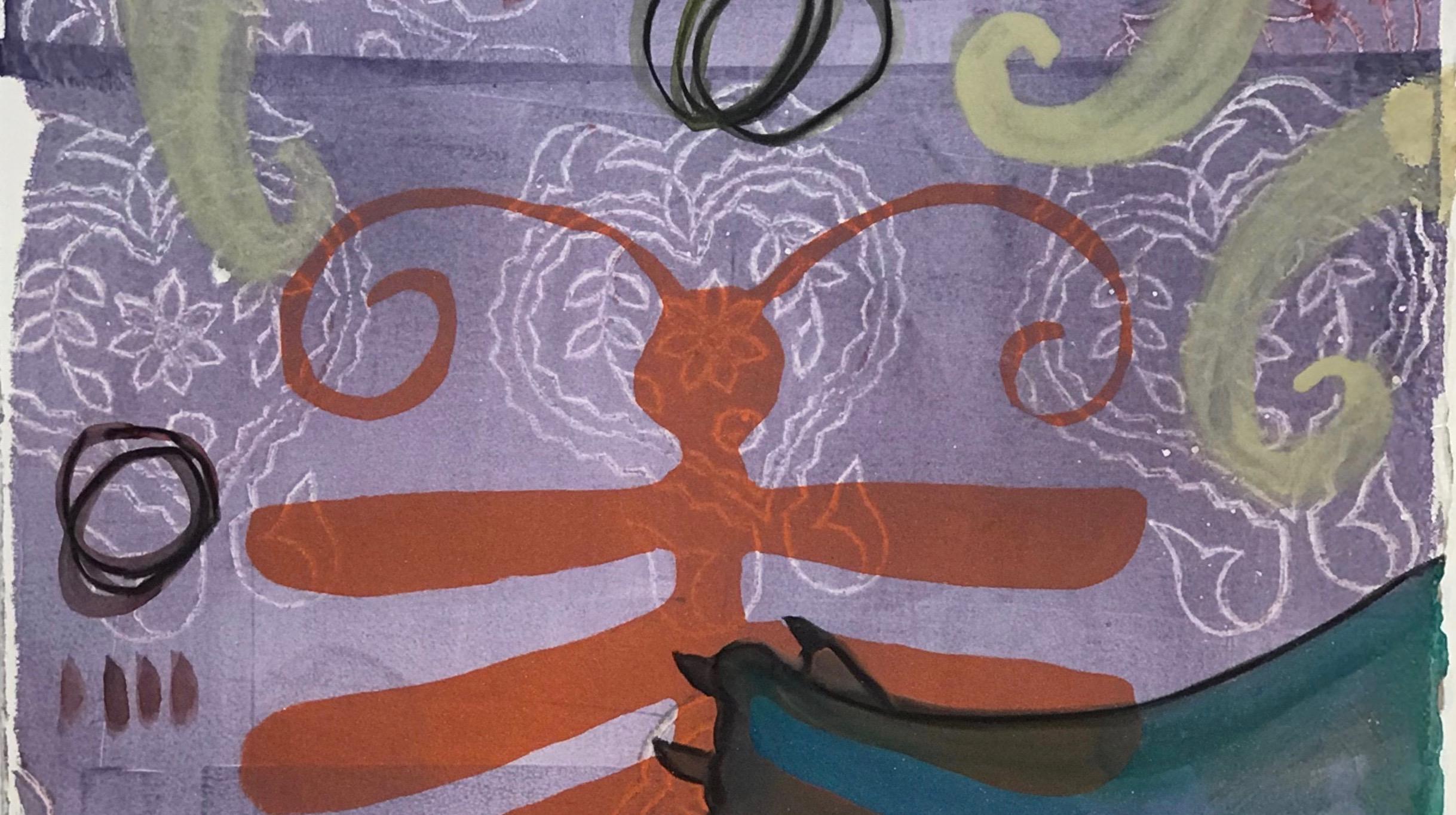 Keeping Safe + Close, mixed media monotype on paper. purple, orange, dragonfly - Contemporary Print by Melanie Yazzie