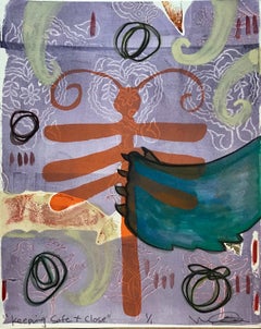 Keeping Safe + Close, mixed media monotype on paper. purple, orange, dragonfly