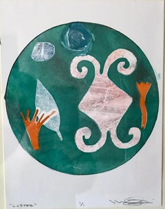 Luster monotype by Melanie Yazzie unique abstract green orange pink white Navajo