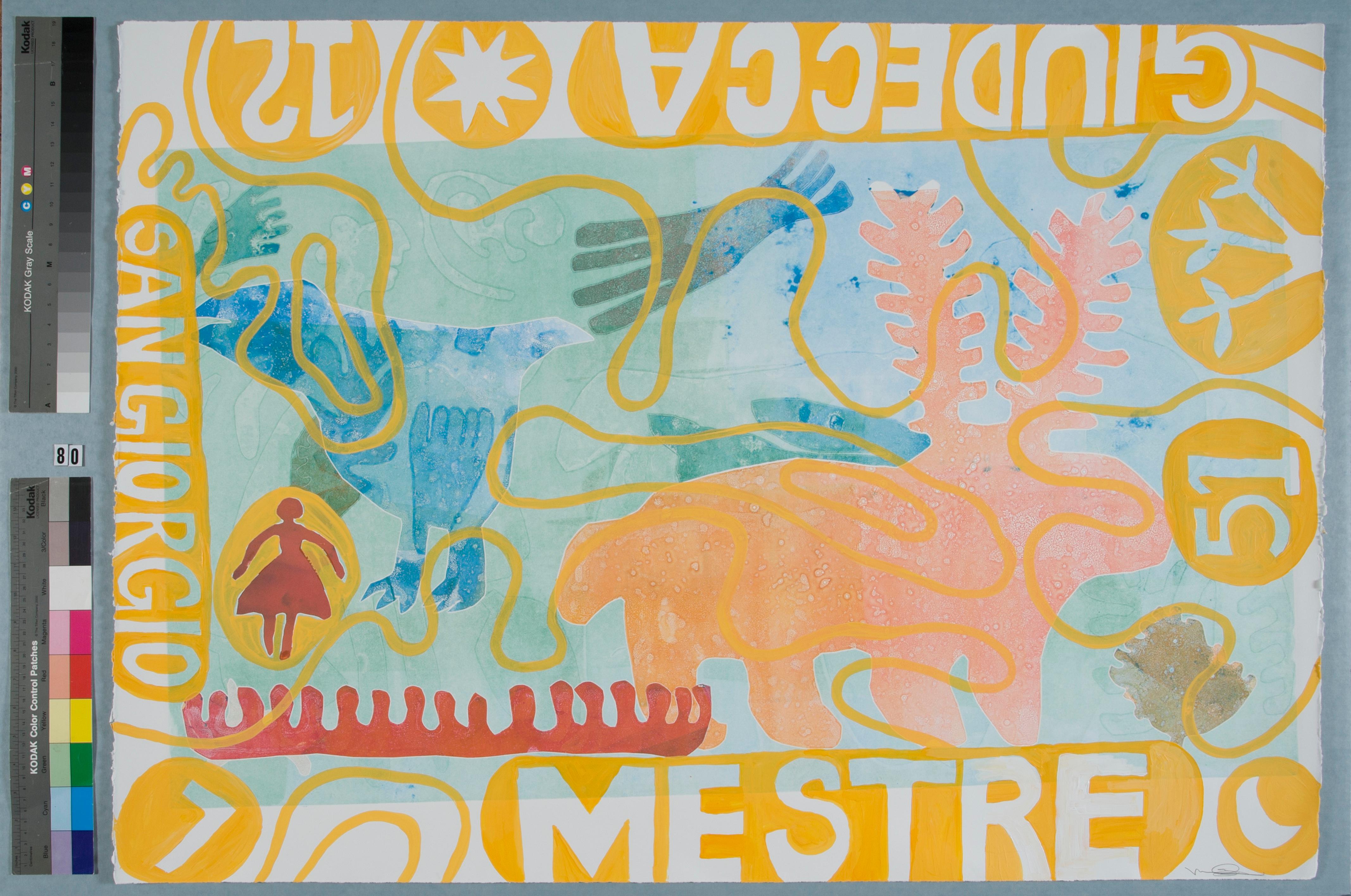 Mestre by Melanie Yazzie, monotype, Venice, Italy, Navajo, yellow, pink, blue 

Master printmaker Melanie Yazzie is Navajo and creates one of kind monotypes. This piece was inspired by her time in Venice, Italy printing and creating art as a
