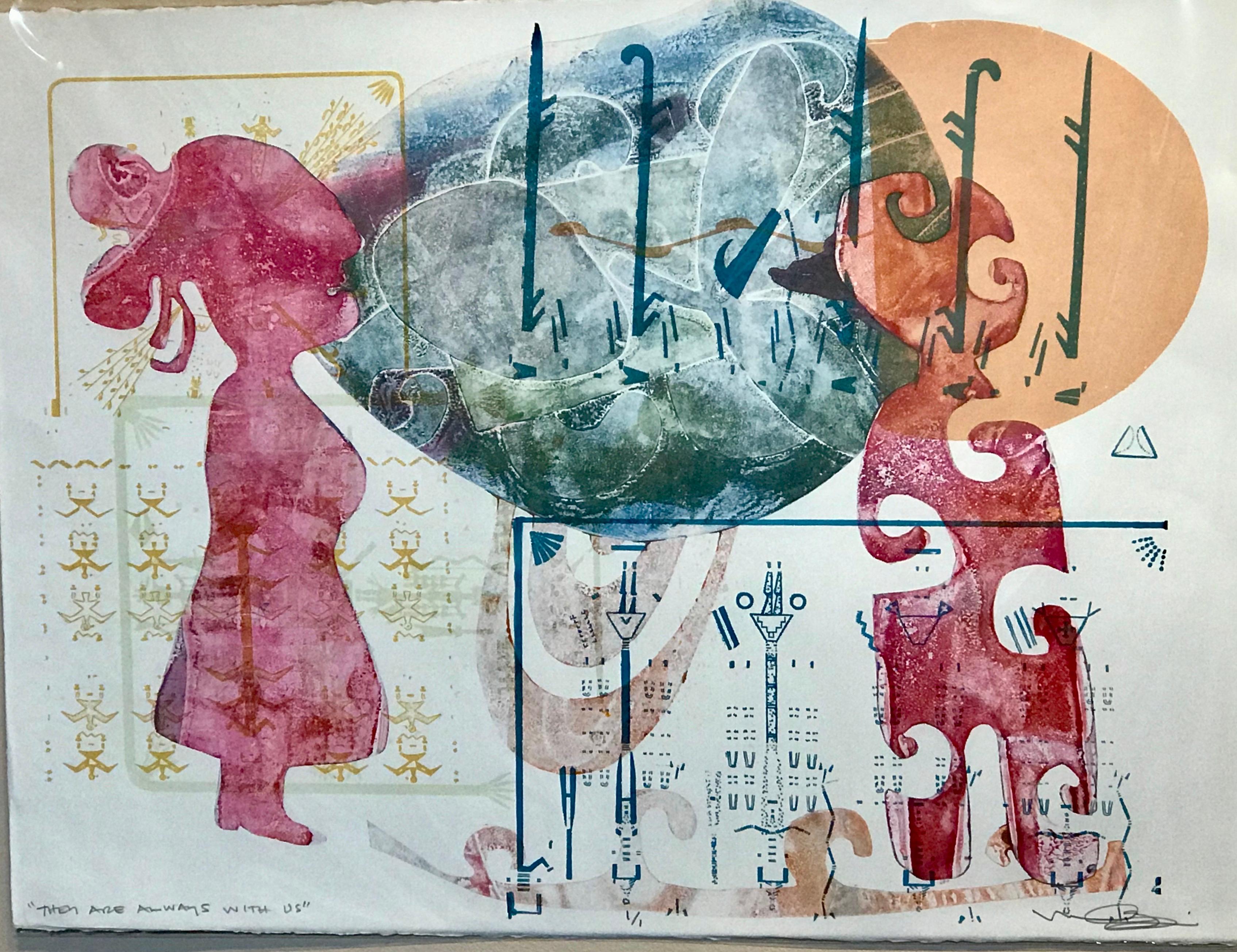 They Are Always With Us, Melanie Yazzie mixed media monotype unique red blue yei 1