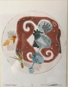 Ensemble de monotypes de Melanie Yazzie encadrés de petits tirages originaux bruns, blancs et bleus