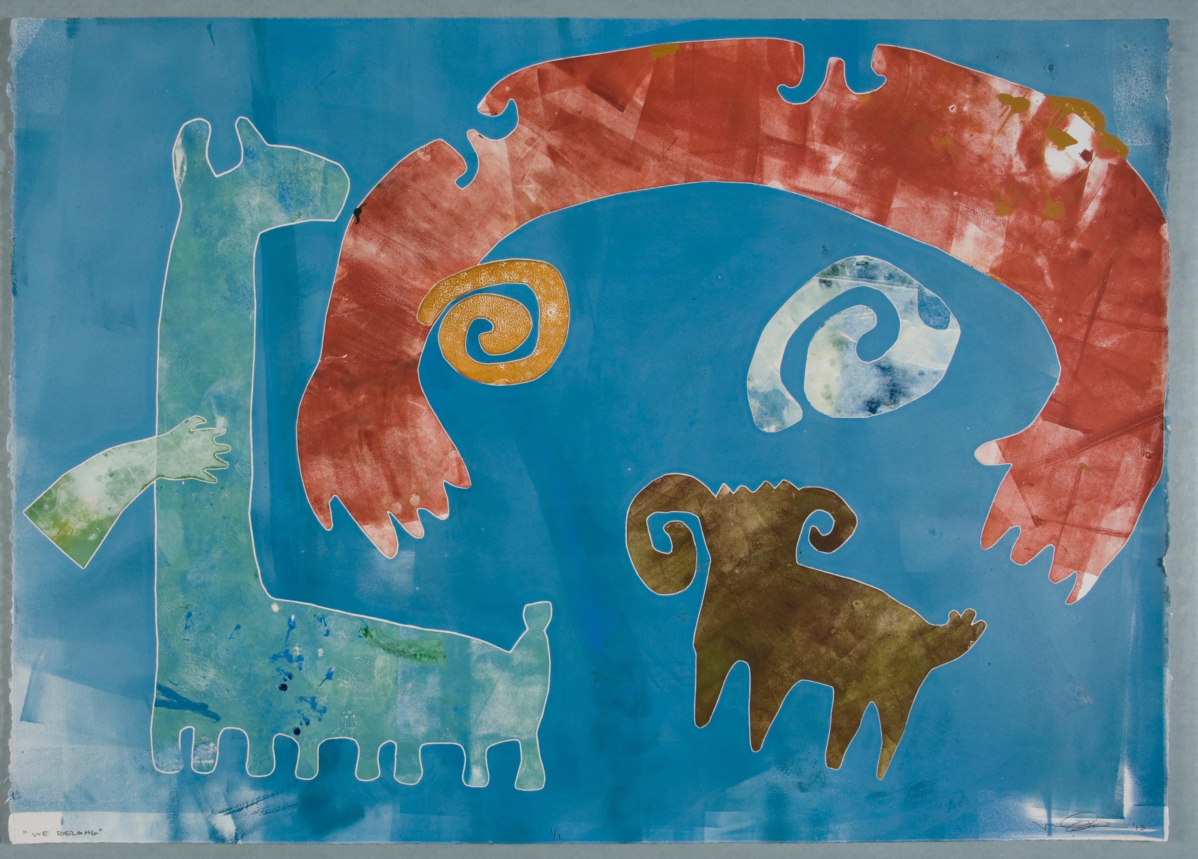 We Belong by Melanie Yazzie, unique monotype, blue, red, ram, dog, spiral, Navajo