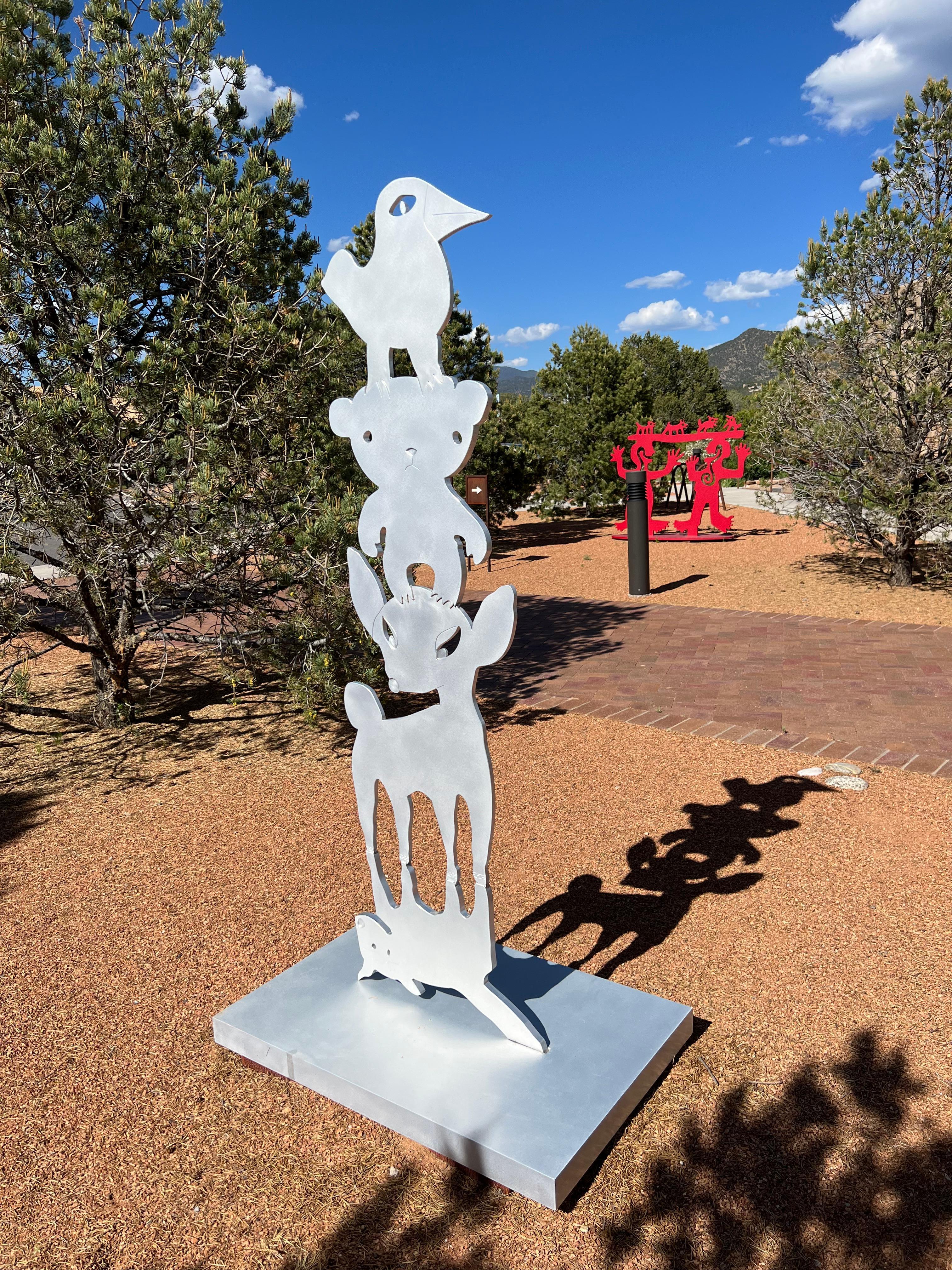 Animal Stack-They Help Each Other, sculpture by Melanie Yazzie, Navajo, Silver
limited edition of 8

As a printmaker, painter, and sculptor, my work draws upon my rich Diné (Navajo) heritage. The work I make attempts to follows the Diné dictum “walk