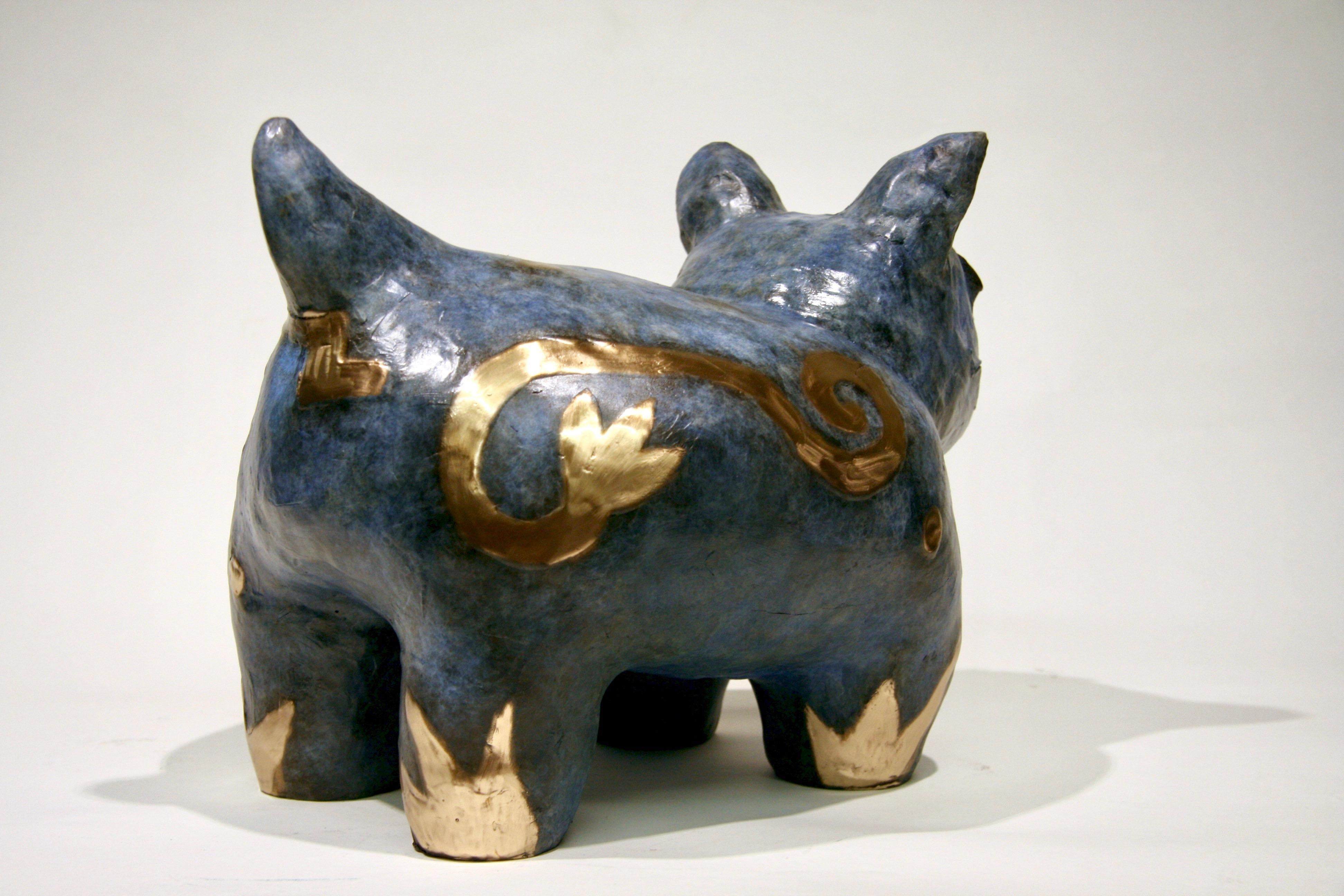 Fred W. Begaye Gives Tours of His Homeland, bronze dog sculpture, Navajo, blue - Contemporary Sculpture by Melanie Yazzie
