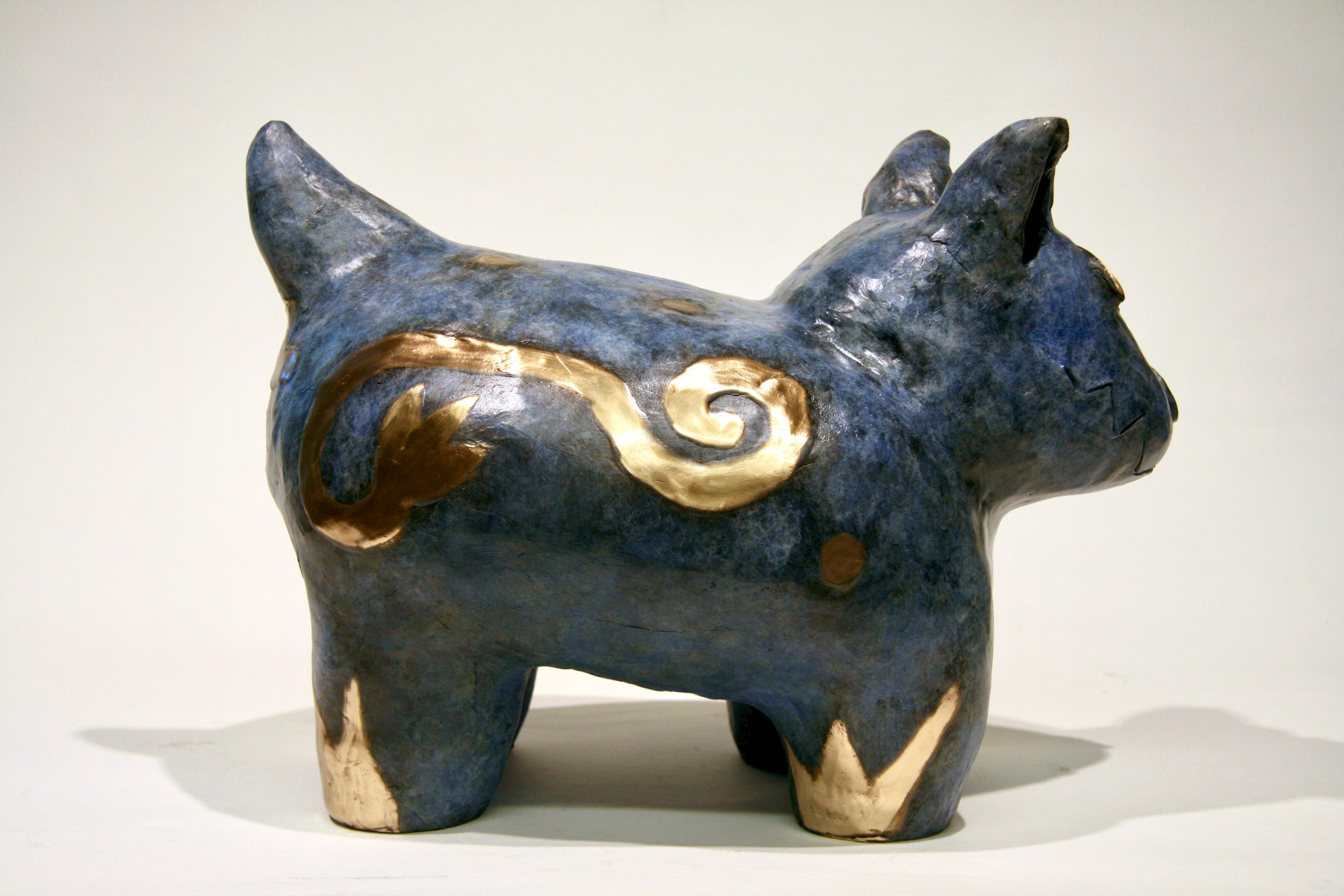 Fred W. Begaye Gives Tours of His Homeland, bronze dog sculpture, Navajo, blue - Gold Abstract Sculpture by Melanie Yazzie
