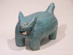 John Blackhorse Hangs Out At Earl's, bronze rez dog sculpture, blue, Navajo