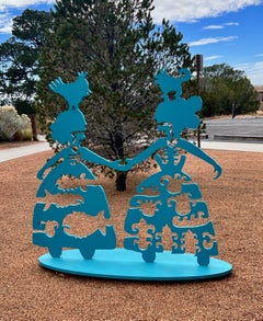Making New Friends, figurative, sculpture, Korean and Navajo Women, teal, female